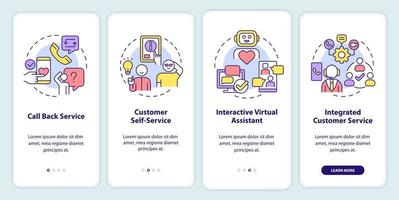 Types of customer service onboarding mobile app screen. Walkthrough 4 steps graphic instructions pages with linear concepts. UI, UX, GUI template. vector