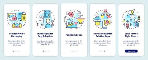 Solving for customer needs onboarding mobile app screen. Walkthrough 5 steps graphic instructions pages with linear concepts. UI, UX, GUI template. vector