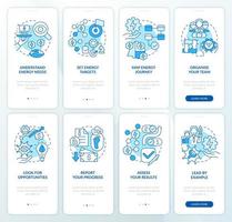 conjunto de pantalla de aplicación móvil de integración azul de estrategia de energía optimizada. tutorial 4 pasos páginas de instrucciones gráficas con conceptos lineales. interfaz de usuario, ux, plantilla de interfaz gráfica de usuario. vector