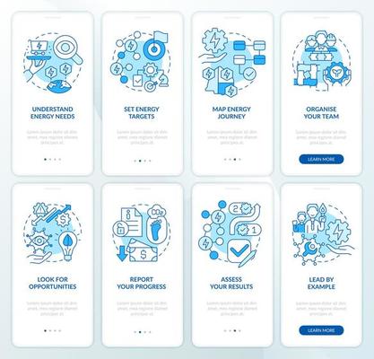 Optimized energy strategy blue onboarding mobile app screen set. Walkthrough 4 steps graphic instructions pages with linear concepts. UI, UX, GUI template.