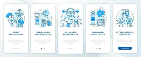 implementación del plan de energía pantalla azul de la aplicación móvil de incorporación. tutorial de cogeneración páginas de instrucciones gráficas de 5 pasos con conceptos lineales. interfaz de usuario, ux, plantilla de interfaz gráfica de usuario. vector