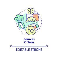 Sources of iron concept icon. Green vegetables and bread. Source of nutrients abstract idea thin line illustration. Isolated outline drawing. Editable stroke. vector