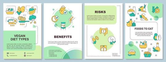 Vegan lifestyle guide green brochure template. Plant based eating. Leaflet design with linear icons. 4 vector layouts for presentation, annual reports.