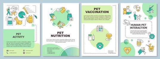 Proper pet care routine green brochure template. Human-pet interaction. Leaflet design with linear icons. 4 vector layouts for presentation, annual reports.