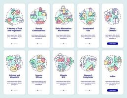 Vegan lifestyle onboarding mobile app screen set. Healthy veganism walkthrough 5 steps graphic instructions pages with linear concepts. UI, UX, GUI template. vector