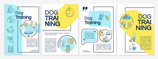 Professional dog training school blue and yellow brochure template. Leaflet design with linear icons. 4 vector layouts for presentation, annual reports.