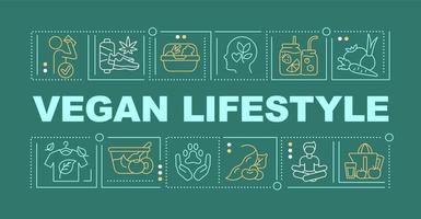 Vegan lifestyle word concepts dark green banner. Plant based nutrition. Infographics with icons on color background. Isolated typography. Vector illustration with text.