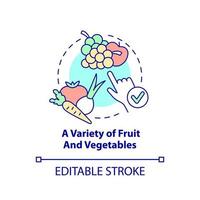 Variety of fruit and vegetables concept icon. Tip for vegan lifestyle abstract idea thin line illustration. Isolated outline drawing. Editable stroke. vector