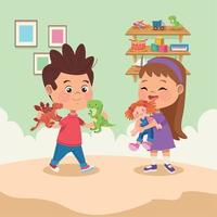 pareja de niños felices con juguetes vector