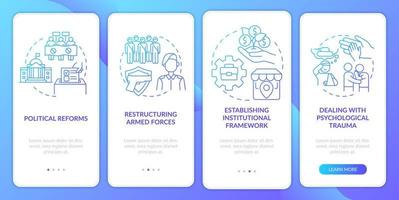 War-torn nation restoration blue gradient onboarding mobile app screen. Walkthrough 4 steps graphic instructions pages with linear concepts. UI, UX, GUI template. vector