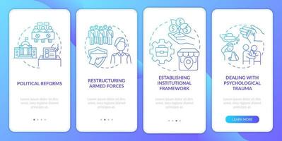 pantalla de aplicación móvil de incorporación de degradado azul de restauración de nación devastada por la guerra. tutorial 4 pasos páginas de instrucciones gráficas con conceptos lineales. interfaz de usuario, ux, plantilla de interfaz gráfica de usuario. vector