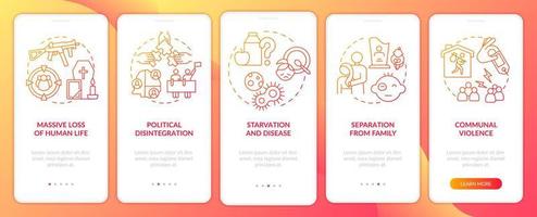 Armed conflicts outcomes red gradient onboarding mobile app screen. Walkthrough 5 steps graphic instructions pages with linear concepts. UI, UX, GUI template. vector