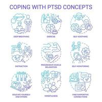 hacer frente al conjunto de iconos de concepto de gradiente azul de ptsd. salud mental. servicio de psicoterapia idea ilustraciones en color de línea delgada. símbolos aislados. trazo editable. vector