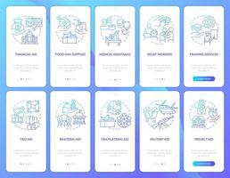 Overseas humanitarian aid blue gradient onboarding mobile app screen set. Walkthrough 5 steps graphic instructions pages with linear concepts. UI, UX, GUI template. vector