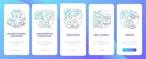 hacer frente a la pantalla de la aplicación móvil de incorporación de degradado azul del proceso de ptsd. tutorial 5 pasos páginas de instrucciones gráficas con conceptos lineales. interfaz de usuario, ux, plantilla de interfaz gráfica de usuario. vector