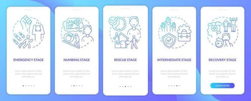 ptsd etapas pantalla de aplicación móvil de incorporación de gradiente azul. tutorial de trastorno mental 5 pasos páginas de instrucciones gráficas con conceptos lineales. interfaz de usuario, ux, plantilla de interfaz gráfica de usuario. vector