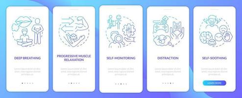 PTSD coping strategies blue gradient onboarding mobile app screen. Trauma walkthrough 5 steps graphic instructions pages with linear concepts. UI, UX, GUI template. vector