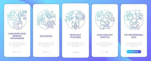 Self-help with PTSD blue gradient onboarding mobile app screen. Healing walkthrough 5 steps graphic instructions pages with linear concepts. UI, UX, GUI template. vector