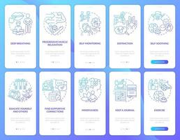 Coping with PTSD blue gradient onboarding mobile app screen set. Trauma walkthrough 5 steps graphic instructions pages with linear concepts. UI, UX, GUI template. vector