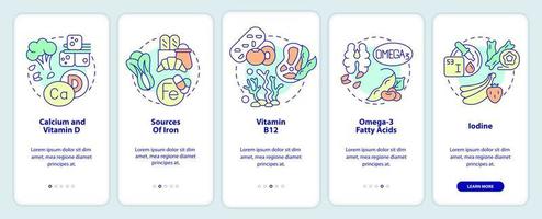 Sources of nutrients onboarding mobile app screen. Veganism walkthrough 5 steps graphic instructions pages with linear concepts. UI, UX, GUI template. vector