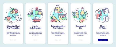 Tips for vegan lifestyle onboarding mobile app screen. Walkthrough 5 steps graphic instructions pages with linear concepts. UI, UX, GUI template. vector