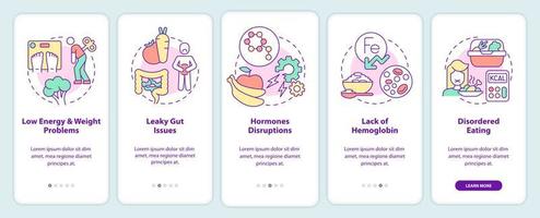 Side effects of veganism onboarding mobile app screen. Walkthrough 5 steps graphic instructions pages with linear concepts. UI, UX, GUI template. vector