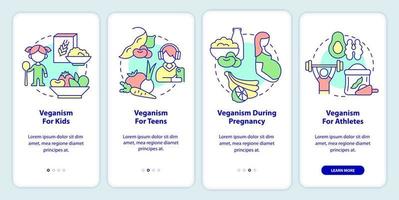 Vegan lifestyle for everyone onboarding mobile app screen. Walkthrough 4 steps graphic instructions pages with linear concepts. UI, UX, GUI template. vector