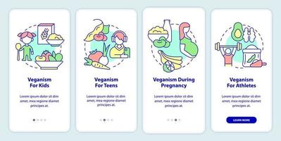Vegan lifestyle for everyone onboarding mobile app screen. Walkthrough 4 steps graphic instructions pages with linear concepts. UI, UX, GUI template. vector