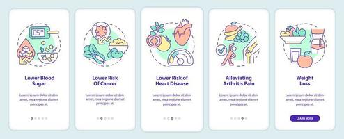 beneficios de la incorporación de la dieta vegana en la pantalla de la aplicación móvil. tutorial de veganismo 5 pasos páginas de instrucciones gráficas con conceptos lineales. interfaz de usuario, ux, plantilla de interfaz gráfica de usuario. vector