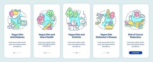 Vegan diet and illnesses onboarding mobile app screen. Prevent diseases walkthrough 5 steps graphic instructions pages with linear concepts. UI, UX, GUI template. vector