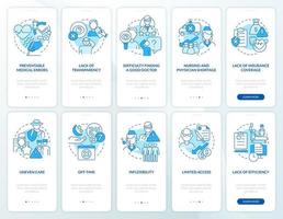 Problems with healthcare system blue onboarding mobile app screen set. Walkthrough 5 steps graphic instructions pages with linear concepts. UI, UX, GUI template. vector