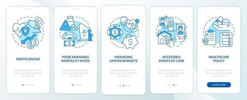 Healthcare system problematic points blue onboarding mobile app screen. Walkthrough 5 steps graphic instructions pages with linear concepts. UI, UX, GUI template. vector