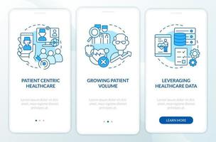 Challenges for healthcare workers blue onboarding mobile app screen. Walkthrough 3 steps graphic instructions pages with linear concepts. UI, UX, GUI template. vector