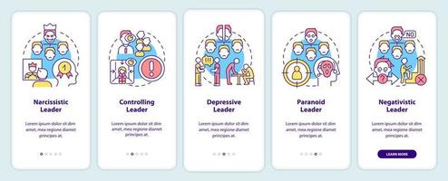 Types of toxic leaders onboarding mobile app screen. Abusive boss. Walkthrough 5 steps graphic instructions pages with linear concepts. UI, UX, GUI template. vector