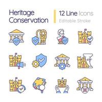 Heritage conservation RGB color icons set. Historical objects protection program. Isolated vector illustrations. Simple filled line drawings collection. Editable stroke.