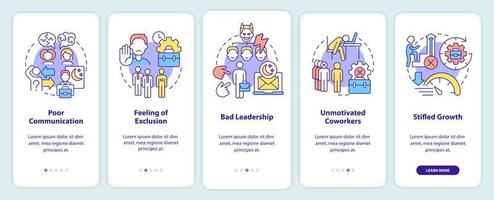 Signs of toxic workplace onboarding mobile app screen. Walkthrough 5 steps graphic instructions pages with linear concepts. UI, UX, GUI template. vector