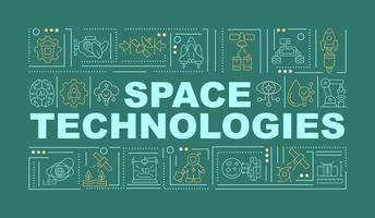 Space technologies word concepts dark green banner. Science and innovations. Infographics with icons on color background. Isolated typography. Vector illustration with text.