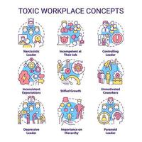 Toxic workplace concept icons set. Toxic leader. Unhealthy work environment idea thin line color illustrations. Isolated symbols. Editable stroke.