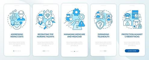 Healthcare system challenges blue onboarding mobile app screen. Walkthrough 5 steps graphic instructions pages with linear concepts. UI, UX, GUI template. vector