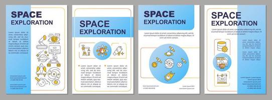 Space exploration improvement blue brochure template. Cosmos research. Leaflet design with linear icons. 4 vector layouts for presentation, annual reports.