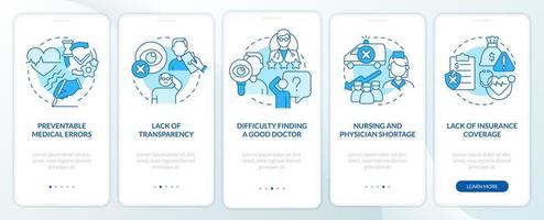 Biggest problems facing healthcare blue onboarding mobile app screen. Walkthrough 5 steps graphic instructions pages with linear concepts. UI, UX, GUI template. vector