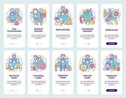 Toxic work environment onboarding mobile app screen set. Workplace issue walkthrough 5 steps graphic instructions pages with linear concepts. UI, UX, GUI template. vector
