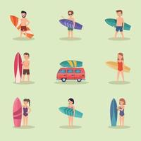 ocho personajes de jóvenes surfistas vector