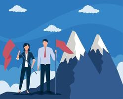 business couple with flags in mountains vector