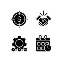 Successful business startup black glyph icons set on white space. Financial goal. Supply chain. Events calendar. Deal making. Silhouette symbols. Solid pictogram pack. Vector isolated illustration