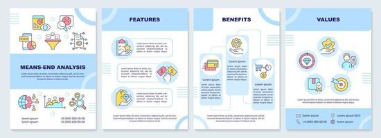 Means end analysis categories brochure template. Customer needs. Leaflet design with linear icons. 4 vector layouts for presentation, annual reports.