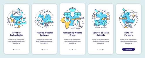 Space technology and climate change onboarding mobile app screen. Walkthrough 5 steps graphic instructions pages with linear concepts. UI, UX, GUI template. vector