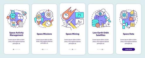 Trends in space technology onboarding mobile app screen. Cosmos activity walkthrough 5 steps graphic instructions pages with linear concepts. UI, UX, GUI template. vector