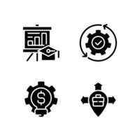 Improvement business process black glyph icons set on white space. Career growth. Automated manufacturing. Entering new market. Silhouette symbols. Solid pictogram pack. Vector isolated illustration