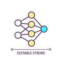 Neural network RGB color icon. Node and cells connection. Schematic deep learning. Machine algorithm. Isolated vector illustration. Simple filled line drawing. Editable stroke.